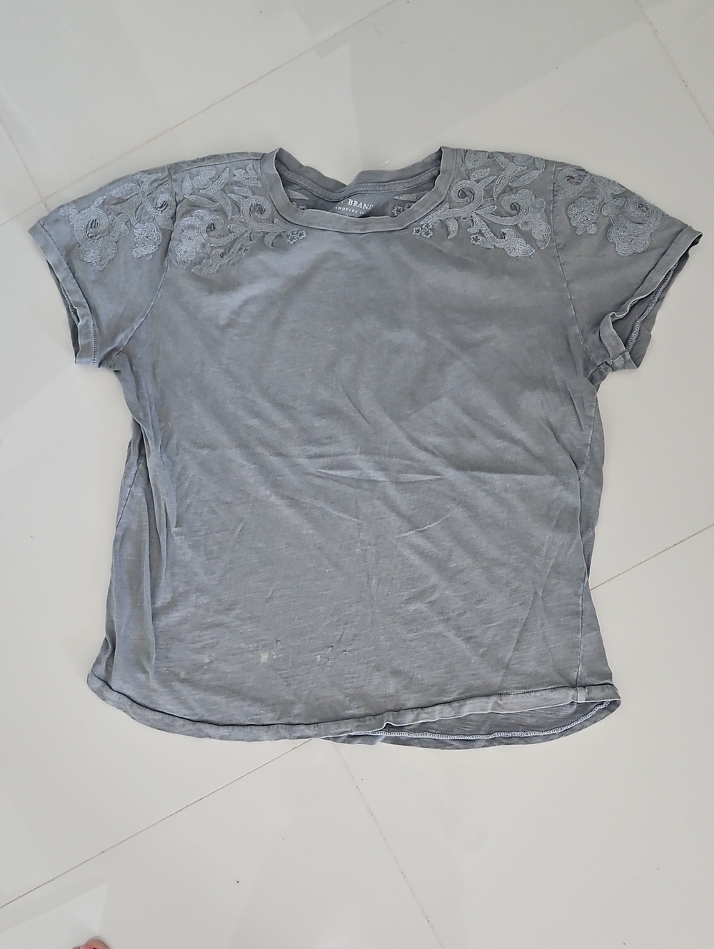 Lucky Brand Light Faded Green/ Gray Embroidered Shoulder Short Sleeve Tee